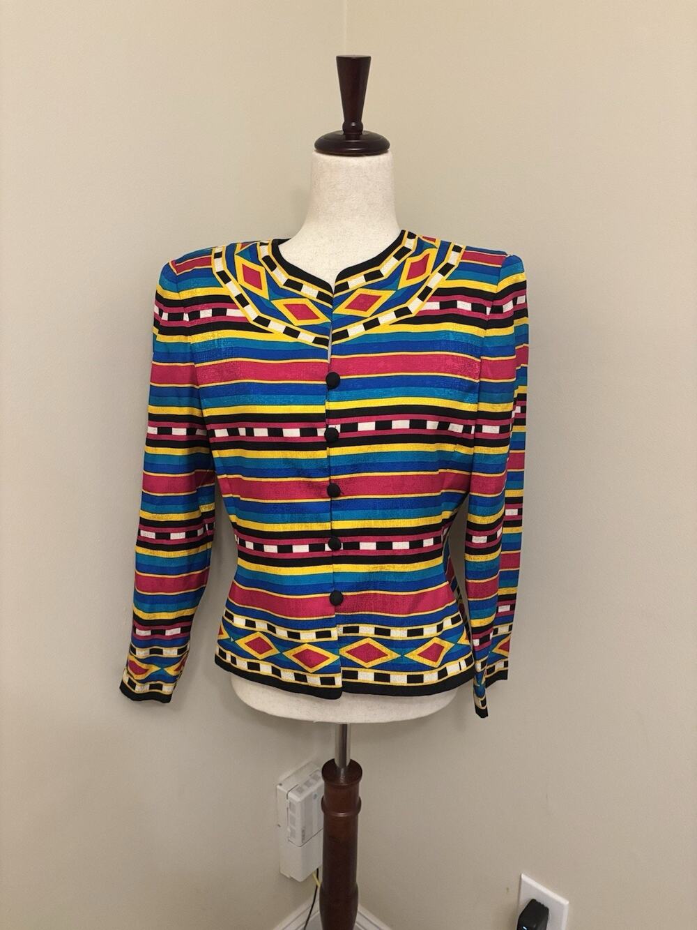 Papell Petites Vintage 80s Blazer New Wave Muticolored 100% Silk Size 8 Petite